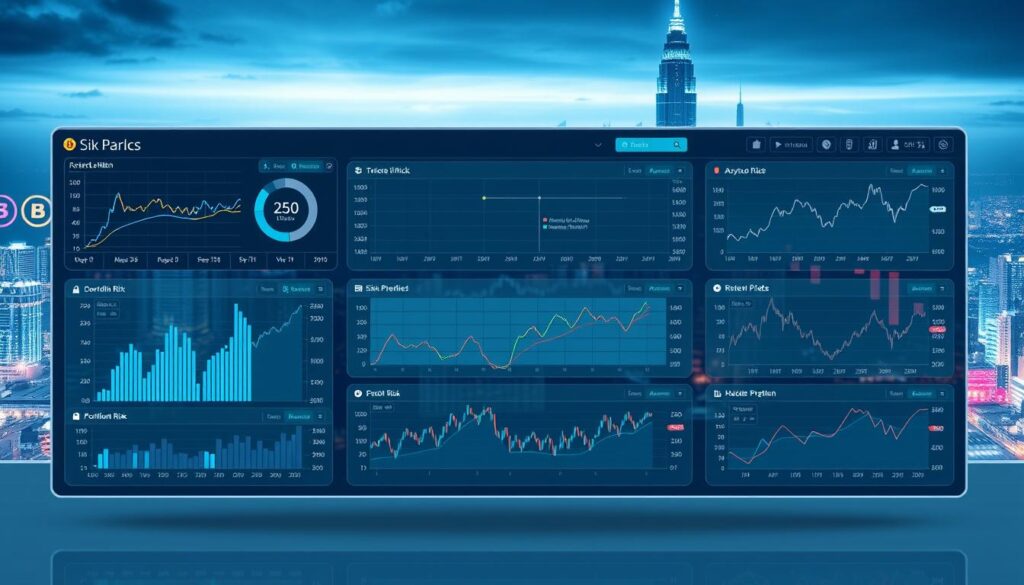 A data visualization dashboard with multiple interactive charts and graphs, displaying insights into the correlation between various cryptocurrency assets. The foreground features a centralized risk management dashboard with clear visualizations of asset correlation, portfolio risk, and diversification metrics. The middle ground showcases individual cryptocurrency price charts and trend lines. The background depicts a futuristic cityscape with skyscrapers and a vibrant, neon-lit skyline, conveying the dynamic and rapidly evolving nature of the cryptocurrency market. The entire scene is bathed in a cool, sophisticated color palette, with clean lines and a minimalist aesthetic, reflecting the analytical and strategic nature of risk management in the cryptocurrency space.