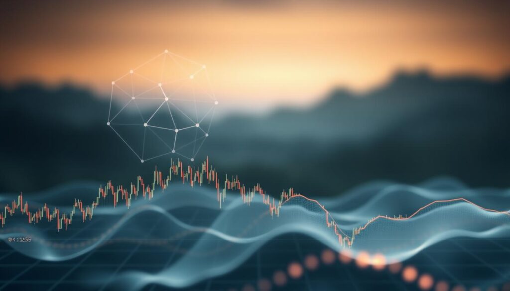 A data visualization of a blockchain price chart, showcasing its limitations. In the foreground, a detailed line graph depicts the fluctuations in cryptocurrency prices, with candlestick patterns and volume indicators. In the middle ground, abstract geometric shapes represent the complexity of on-chain data, overlaid with a faint grid-like structure. The background features a blurred, ethereal landscape, symbolizing the intangible nature of the digital asset market. The lighting is soft and moody, with a subtle warm tone, creating a contemplative atmosphere. The camera angle is slightly elevated, providing a comprehensive view of the chart and its surroundings, emphasizing the interconnectedness of on-chain analysis and technical analysis.