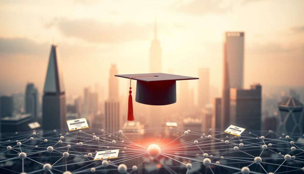 A decentralized diploma verification system against a backdrop of blockchain technology. In the foreground, a graduation cap levitates amidst a network of interconnected nodes, representing the secure, distributed ledger. In the middle ground, digital diploma certificates are being verified and exchanged seamlessly between parties. The background is a sleek, futuristic cityscape, symbolizing the transformative potential of this technology in the education sector. Warm, diffused lighting casts a subtle glow, creating a sense of innovation and progress. The overall composition conveys the seamless, trustless, and decentralized nature of this new approach to educational credential verification. A decentralized diploma verification system against a backdrop of blockchain technology. In the foreground, a graduation cap levitates amidst a network of interconnected nodes, representing the secure, distributed ledger. In the middle ground, digital diploma certificates are being verified and exchanged seamlessly between parties. The background is a sleek, futuristic cityscape, symbolizing the transformative potential of this technology in the education sector. Warm, diffused lighting casts a subtle glow, creating a sense of innovation and progress. The overall composition conveys the seamless, trustless, and decentralized nature of this new approach to educational credential verification.