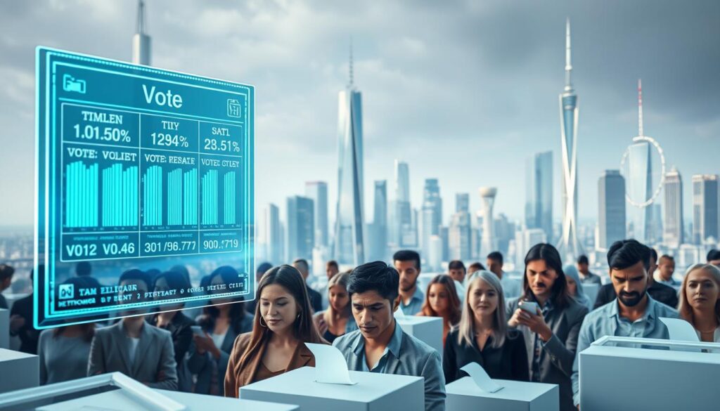 A decentralized electoral process unfolds, with citizens voting independently across a blockchain network. In the foreground, a holographic display depicts real-time vote tallies, their transparency underscoring the democratic integrity. In the middle ground, diverse individuals cast their ballots, their expressions reflecting the gravity and empowerment of the moment. The background showcases a futuristic cityscape, its towering skyscrapers and gleaming infrastructure symbolizing the technological advancements that enable this decentralized decision-making. Soft, diffused lighting imbues the scene with a sense of gravitas, while the wide-angle lens captures the breadth and scale of this distributed electoral system.