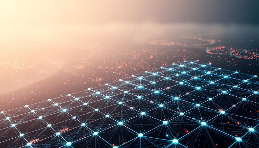 A decentralized oracle network, its nodes dispersed across a vibrant blockchain landscape, channeling real-world data into smart contracts. In the foreground, a grid of holographic data streams converge, feeding an intricate web of interconnected blockchains. In the middle ground, nodes teem with activity, their lights pulsing in synchrony. The background is a hazy, ethereal realm of interconnected blockchains, their boundaries blurred, creating a sense of vast, decentralized potential. The lighting is soft and atmospheric, casting a warm, futuristic glow over the scene. The camera angle is slightly elevated, providing a bird's-eye view of the network, emphasizing its expansive, distributed nature. A decentralized oracle network, its nodes dispersed across a vibrant blockchain landscape, channeling real-world data into smart contracts. In the foreground, a grid of holographic data streams converge, feeding an intricate web of interconnected blockchains. In the middle ground, nodes teem with activity, their lights pulsing in synchrony. The background is a hazy, ethereal realm of interconnected blockchains, their boundaries blurred, creating a sense of vast, decentralized potential. The lighting is soft and atmospheric, casting a warm, futuristic glow over the scene. The camera angle is slightly elevated, providing a bird's-eye view of the network, emphasizing its expansive, distributed nature.