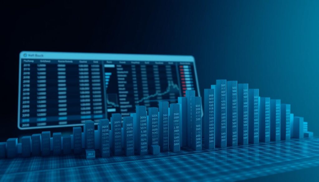 A depth chart visualization depicting the order book of a cryptocurrency exchange. The foreground features a detailed, three-dimensional grid displaying buy and sell orders, with order sizes represented by the height of each column. The middle ground showcases a sleek, minimalist user interface with various data analytics tools. In the background, a subdued color palette of blues and grays creates a sense of technical sophistication, while subtle lighting casts dynamic shadows across the scene. The overall composition conveys a data-driven, analytical approach to advanced order book analysis, complementing the subject matter of the article. A depth chart visualization depicting the order book of a cryptocurrency exchange. The foreground features a detailed, three-dimensional grid displaying buy and sell orders, with order sizes represented by the height of each column. The middle ground showcases a sleek, minimalist user interface with various data analytics tools. In the background, a subdued color palette of blues and grays creates a sense of technical sophistication, while subtle lighting casts dynamic shadows across the scene. The overall composition conveys a data-driven, analytical approach to advanced order book analysis, complementing the subject matter of the article.