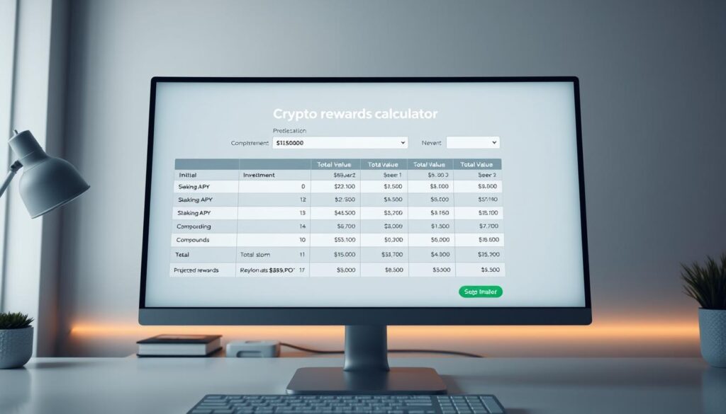 A desktop computer screen displaying a comprehensive crypto staking rewards calculator. The interface features input fields for variables like initial investment, staking APY, and compounding frequency, as well as projected rewards and total value over 1, 5, and 10 year periods. The screen is set against a clean, minimalist workspace with a neutral color palette, warm studio lighting, and a shallow depth of field to focus attention on the calculator. The overall mood is one of financial planning and investment analysis, conveying the utility and functionality of the tool. A desktop computer screen displaying a comprehensive crypto staking rewards calculator. The interface features input fields for variables like initial investment, staking APY, and compounding frequency, as well as projected rewards and total value over 1, 5, and 10 year periods. The screen is set against a clean, minimalist workspace with a neutral color palette, warm studio lighting, and a shallow depth of field to focus attention on the calculator. The overall mood is one of financial planning and investment analysis, conveying the utility and functionality of the tool.