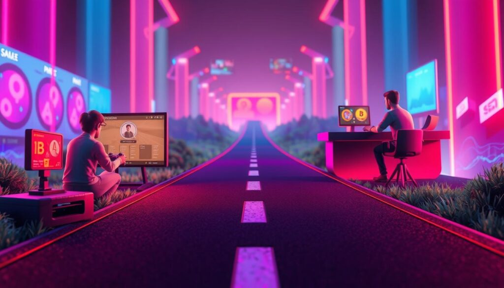 A detailed 3D illustration depicting the contrast between free-to-play and play-to-earn gaming models. In the foreground, a free-to-play gamer interacts with a basic game interface, while in the background, a play-to-earn gamer mines cryptocurrency on a sleek, futuristic platform. The middle ground showcases a fork in the road, symbolizing the diverging paths of these two monetization strategies. Vibrant, neon-infused lighting illuminates the scene, creating a dynamic, high-tech atmosphere. The image should convey the growing importance of play-to-earn mechanics in the evolving gaming landscape. A detailed 3D illustration depicting the contrast between free-to-play and play-to-earn gaming models. In the foreground, a free-to-play gamer interacts with a basic game interface, while in the background, a play-to-earn gamer mines cryptocurrency on a sleek, futuristic platform. The middle ground showcases a fork in the road, symbolizing the diverging paths of these two monetization strategies. Vibrant, neon-infused lighting illuminates the scene, creating a dynamic, high-tech atmosphere. The image should convey the growing importance of play-to-earn mechanics in the evolving gaming landscape.