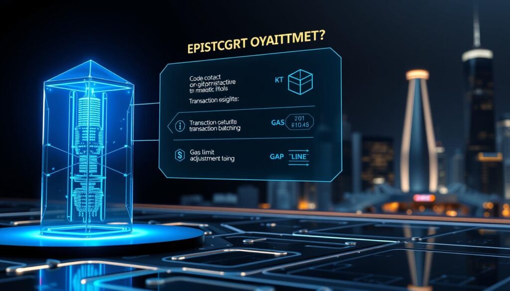 A detailed 3D illustration of smart contract gas optimization. In the foreground, a futuristic blockchain network node glows with a vibrant blue aura, representing the efficient processing of transactions. The middleground features a holographic display showcasing various gas optimization techniques, including code optimization, gas limit adjustments, and transaction batching. In the background, a sleek, metallic cityscape provides a high-tech backdrop, hinting at the broader implications of optimized blockchain performance. The lighting is crisp and dramatic, with strong shadows and highlights to convey a sense of technological sophistication. The overall mood is one of innovation, precision, and the pursuit of blockchain efficiency. A detailed 3D illustration of smart contract gas optimization. In the foreground, a futuristic blockchain network node glows with a vibrant blue aura, representing the efficient processing of transactions. The middleground features a holographic display showcasing various gas optimization techniques, including code optimization, gas limit adjustments, and transaction batching. In the background, a sleek, metallic cityscape provides a high-tech backdrop, hinting at the broader implications of optimized blockchain performance. The lighting is crisp and dramatic, with strong shadows and highlights to convey a sense of technological sophistication. The overall mood is one of innovation, precision, and the pursuit of blockchain efficiency.