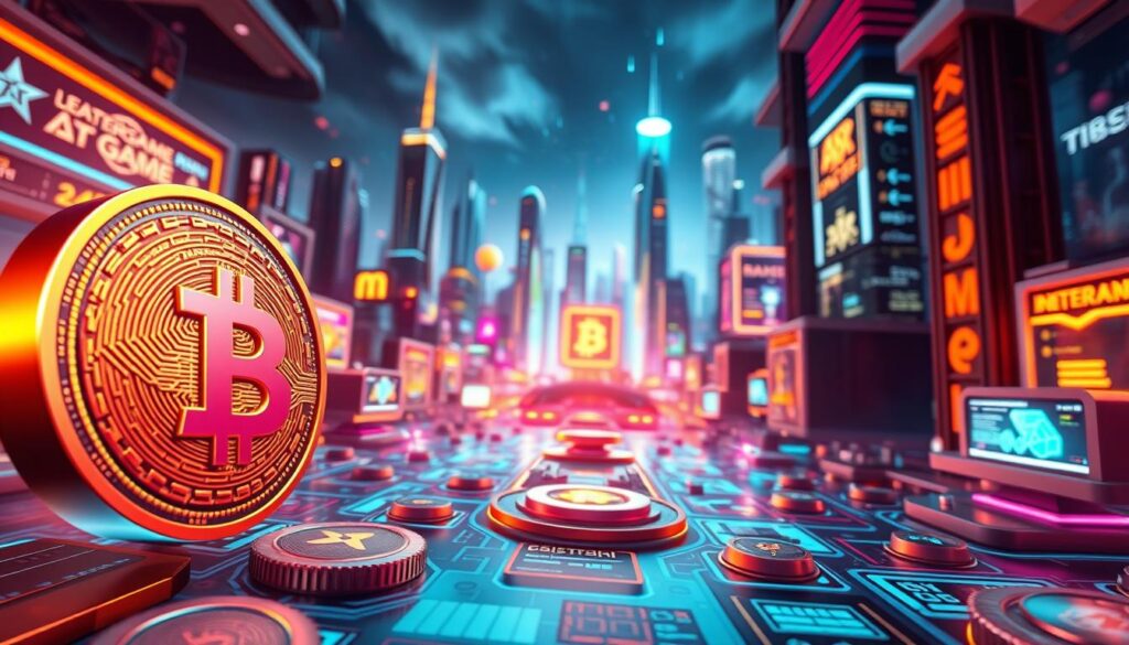 A detailed 3D illustration of the tokenomics and economic incentives in the crypto gaming space. In the foreground, a vibrant cryptocurrency token with intricate patterns and textures, representing the core asset. In the middle ground, various game elements and mechanics such as leaderboards, rewards, and in-game economies, all interconnected and pulsing with energy. In the background, a futuristic cityscape with skyscrapers, holographic displays, and a dynamic, neon-infused atmosphere, symbolizing the technological innovation and growth of the crypto gaming ecosystem. The lighting is cinematic, with warm hues and dramatic shadows, creating a sense of depth and immersion. The camera angle is slightly elevated, providing a panoramic view of the integrated tokenomics and economic framework. A detailed 3D illustration of the tokenomics and economic incentives in the crypto gaming space. In the foreground, a vibrant cryptocurrency token with intricate patterns and textures, representing the core asset. In the middle ground, various game elements and mechanics such as leaderboards, rewards, and in-game economies, all interconnected and pulsing with energy. In the background, a futuristic cityscape with skyscrapers, holographic displays, and a dynamic, neon-infused atmosphere, symbolizing the technological innovation and growth of the crypto gaming ecosystem. The lighting is cinematic, with warm hues and dramatic shadows, creating a sense of depth and immersion. The camera angle is slightly elevated, providing a panoramic view of the integrated tokenomics and economic framework.