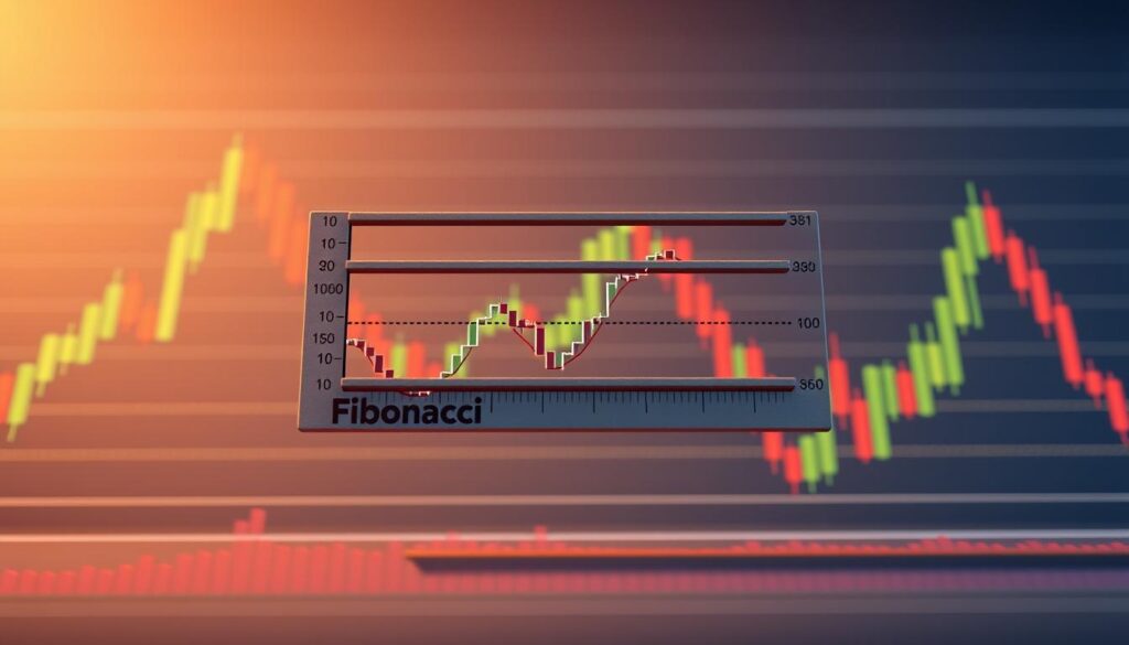 A detailed 3D render of a Fibonacci retracement tool overlaid on a cryptocurrency trading chart. The tool is prominently displayed in the center, with its characteristic horizontal lines and Fibonacci ratios clearly visible. The chart in the background shows candlestick data for a popular crypto asset, with the Fibonacci retracement levels accurately plotted and annotated. The scene is lit by a warm, directional light, casting subtle shadows and highlights on the Fibonacci tool, creating a sense of depth and materiality. The overall composition and color palette convey a professional, analytical, and informative tone suitable for a finance-related article.
