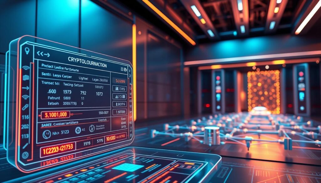 A detailed 3D rendering of a cryptocurrency transaction verification process. The foreground depicts a transparent, futuristic interface displaying a digital ledger with blockchain data, transaction details, and verification status indicators. The middle ground shows a network of interconnected nodes and servers, pulsing with energy and data streams. The background features a sleek, minimalist environment with metallic accents and holographic projections, conveying a sense of advanced technology and secure digital infrastructure. Lighting is a combination of cool, blue-tinted ambient illumination and warm, concentrated beams highlighting key elements. The overall scene exudes a sense of sophistication, efficiency, and trust in the underlying cryptographic mechanisms powering the cryptocurrency ecosystem.