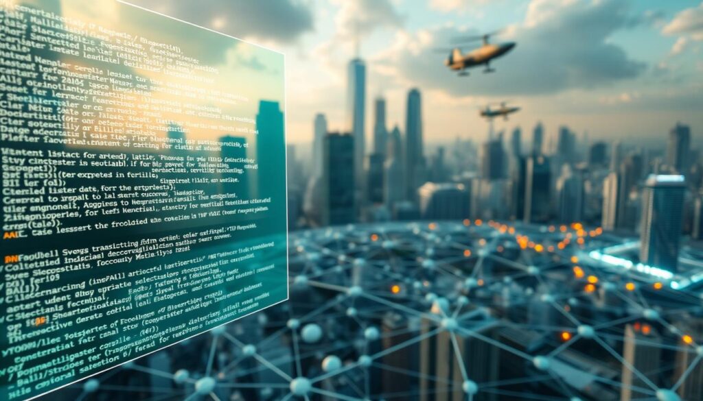 A detailed 3D rendering of smart contracts executing on a blockchain network. In the foreground, a holographic display projects lines of code, smart contract terms, and transaction details. In the middle ground, a complex network of nodes and connections illustrate the decentralized architecture. The background depicts a futuristic cityscape, with skyscrapers and hovering vehicles, conveying a sense of advanced technology and progress. Realistic lighting, depth of field, and cinematic camera angles create an immersive and visually striking scene.