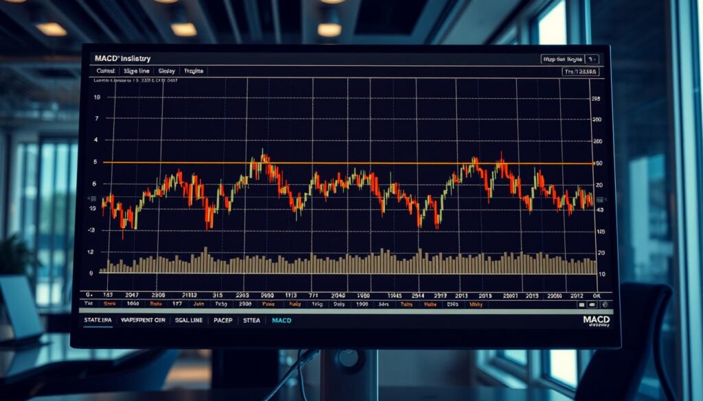 A detailed MACD chart displayed on a high-resolution monitor, showcasing the key elements of the indicator. The chart is illuminated by soft, natural lighting, creating a warm and analytical atmosphere. In the foreground, the MACD line, signal line, and histogram are clearly visible, with their respective movements and crossovers highlighted. The middle ground features a stock's price action, seamlessly integrated with the MACD data. The background subtly depicts a sleek, modern office setting, emphasizing the financial and professional context. The overall composition balances technical precision with a visually appealing aesthetic, effectively conveying the subject of interpreting MACD charts. A detailed MACD chart displayed on a high-resolution monitor, showcasing the key elements of the indicator. The chart is illuminated by soft, natural lighting, creating a warm and analytical atmosphere. In the foreground, the MACD line, signal line, and histogram are clearly visible, with their respective movements and crossovers highlighted. The middle ground features a stock's price action, seamlessly integrated with the MACD data. The background subtly depicts a sleek, modern office setting, emphasizing the financial and professional context. The overall composition balances technical precision with a visually appealing aesthetic, effectively conveying the subject of interpreting MACD charts.