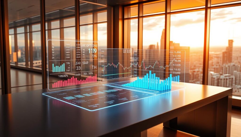 A detailed analysis of XRP options trading, featuring a dynamic 3D data visualization on a sleek silver metallic desk. The foreground showcases a holographic display with real-time options pricing, trading volume, and volatility metrics. The middle ground includes an array of interactive charts and graphs, rendering market trends and risk profiles. In the background, a panoramic window offers a cityscape view, bathed in warm, golden lighting that evokes a sense of productivity and financial insight. The overall composition conveys a professional, forward-thinking atmosphere, suitable for a comprehensive options trading guide.