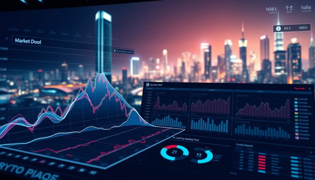 A detailed analysis of a crypto liquidity pool's market depth, visualized through a sleek, futuristic dashboard. The foreground features a 3D interactive graph, displaying trading volume, liquidity, and price fluctuations across various trading pairs. The middle ground showcases a series of statistical charts and indicators, providing insights into the pool's health and performance metrics. In the background, a vibrant, neon-lit cityscape sets the tone, hinting at the dynamic and ever-evolving nature of the crypto markets. Subtle lighting and camera angles highlight the precision and sophistication of the analytical tools, creating a sense of depth and immersion for the viewer.