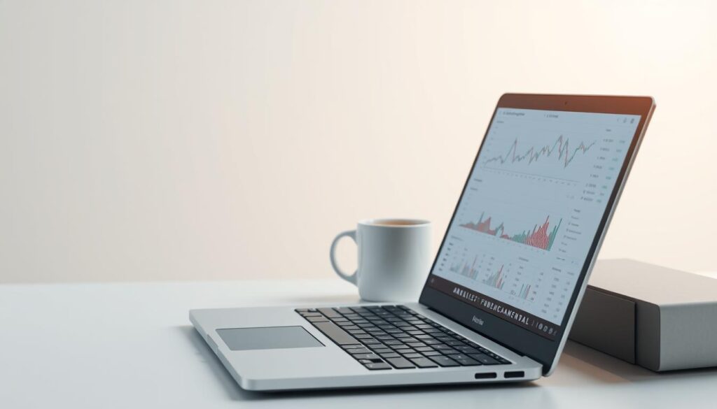 A detailed analysis of cryptocurrency fundamentals, presented in a clean, minimalist style. In the foreground, a sleek silver laptop displays financial data and charts, reflecting the analytical nature of the task. The middle ground features a mug of coffee, symbolizing the focus and diligence required for in-depth research. The background is a serene, neutral-toned workspace, with geometric shapes and clean lines to create a sense of order and professionalism. Subtle lighting casts a warm glow, suggesting a thoughtful, introspective mood. The overall composition conveys the rigor and precision of fundamental analysis in the cryptocurrency market.