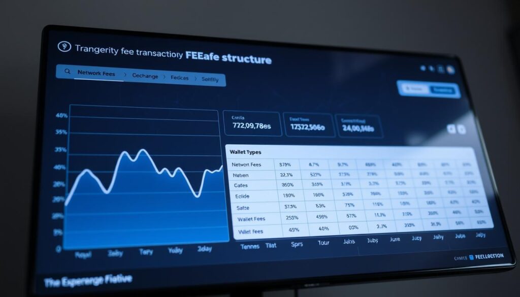 A detailed analysis of the cryptocurrency fee structure, displayed on a sleek and modern interface. In the foreground, a line graph showcases transaction fee trends over time, with crisp data visualizations. In the middle ground, a breakdown of the various fee types - network fees, exchange fees, and wallet fees - is presented in a clear and organized manner. The background features a subtle blockchain-inspired pattern, conveying the technological underpinnings of the cryptocurrency ecosystem. The lighting is soft and indirect, creating a sense of professionalism and authority, while the camera angle is slightly elevated to provide an overview of the comprehensive financial analysis.