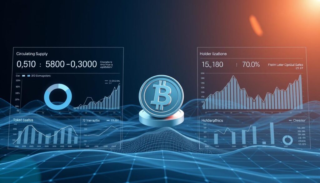 A detailed analysis of token metrics and holder distribution, showcased in a sleek, data-driven infographic. In the foreground, a series of interactive charts and graphs illustrate the token's circulating supply, market capitalization, and holder demographics. The middle ground features a 3D model of the token, rotating gently to highlight its design. In the background, a minimalist wireframe landscape sets a technical, analytical tone, complemented by a cool, blue-hued color scheme and subtle lens flares for a professional, editorial aesthetic. Careful composition and dynamic camera angles create a sense of depth and visual interest, guiding the viewer's attention to the key data points.