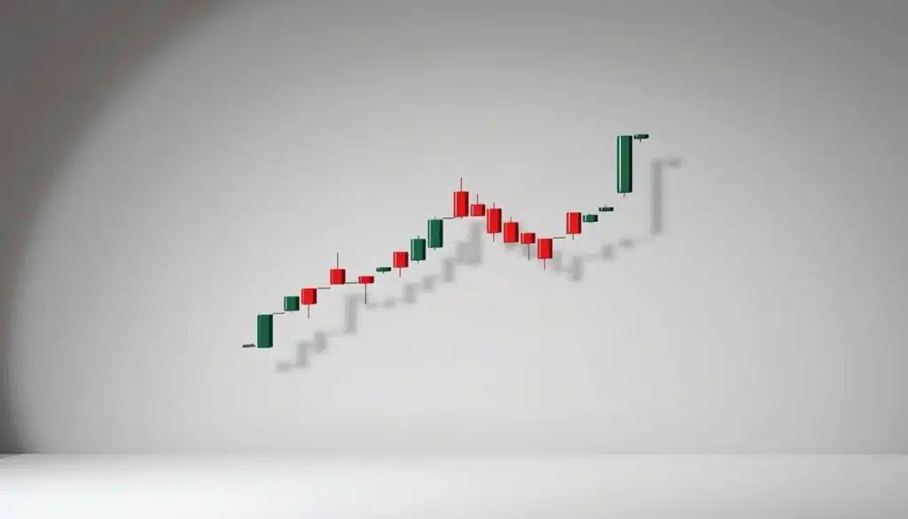 A detailed anatomical diagram of a classic candlestick chart, depicted in a technical, instructional style. The candlestick's body, wick, and shadows are rendered with precision, showcasing their structural components and proportions. The image is set against a plain, neutral background, allowing the subject to take center stage. Crisp lighting accentuates the candlestick's geometry, creating clean lines and shadows that enhance its clarity. The perspective is slightly elevated, providing an optimal view for studying the candlestick's anatomy. The overall tone is informative and educational, suitable for illustrating the "Understanding Candlestick Anatomy" section of the article.