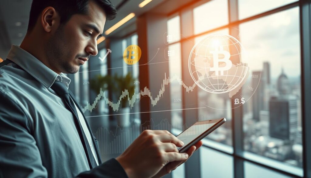 A detailed and insightful visualization of fundamental factors influencing Bitcoin price. In the foreground, a professional analyst in business attire is closely examining charts and graphs on a digital tablet. The middle layer features dynamic financial graphs with fluctuating Bitcoin prices, overlaid with symbols of macroeconomic indicators like a dollar sign, stock charts, and a globe. In the background, a sleek modern office space with large windows showcasing a bustling cityscape, representing a global financial environment. Soft, ambient lighting enhances the atmosphere, while a shallow depth of field focuses on the analyst and tablet, suggesting a sense of urgency and professionalism. The image conveys a mood of analytical precision and anticipation.