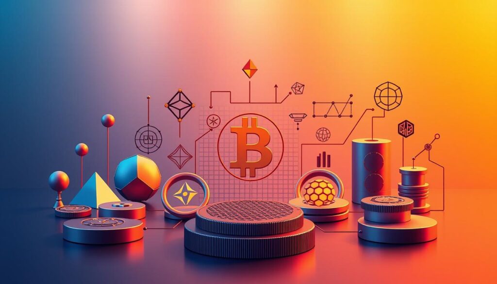 A detailed and visually striking illustration of essential cryptocurrency terminology and concepts. A crisp, clean composition with a minimalist, high-contrast aesthetic. In the foreground, a series of geometric shapes and symbols representing key elements like blockchain, cryptocurrency, wallet, and mining. In the middle ground, a subtle grid pattern or data visualization suggestive of the underlying technical infrastructure. In the background, a sleek, metallic gradient conveying a sense of sophistication and technological prowess. Vivid, well-defined lighting from multiple angles creates depth and highlights the dimensional aspects of the design. The overall mood is authoritative, educational, and visually compelling, perfectly suited to illustrate the "Mastering Cryptocurrency education beginner tutorial guide" section.