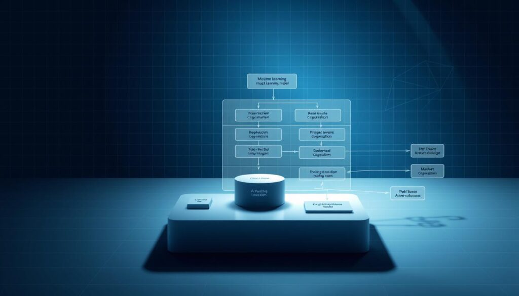 A detailed architectural diagram of an AI-powered crypto trading bot, rendered in a clean, technical style. The foreground showcases the bot's core components - a machine learning model, a data processing pipeline, and a trading execution module. The middle ground depicts the bot's integration with cryptocurrency exchanges and market data feeds. The background features a minimalist grid pattern, conveying the bot's complex algorithmic nature. The scene is illuminated by cool, directional lighting, casting sharp shadows and emphasizing the sleek, futuristic aesthetic. The overall composition suggests the bot's precision, efficiency, and the cutting-edge technology powering it. A detailed architectural diagram of an AI-powered crypto trading bot, rendered in a clean, technical style. The foreground showcases the bot's core components - a machine learning model, a data processing pipeline, and a trading execution module. The middle ground depicts the bot's integration with cryptocurrency exchanges and market data feeds. The background features a minimalist grid pattern, conveying the bot's complex algorithmic nature. The scene is illuminated by cool, directional lighting, casting sharp shadows and emphasizing the sleek, futuristic aesthetic. The overall composition suggests the bot's precision, efficiency, and the cutting-edge technology powering it.