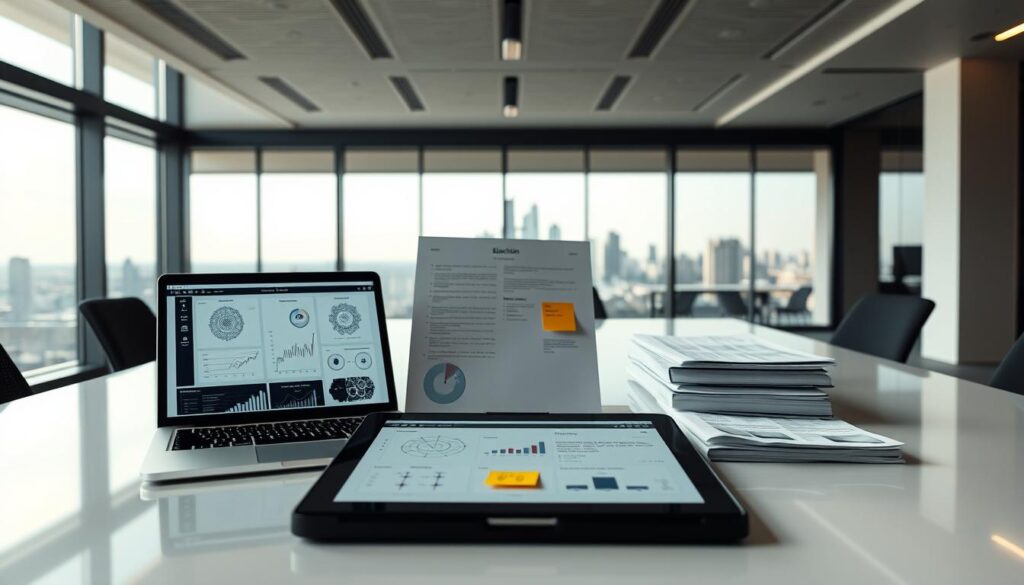 A detailed blockchain case study analysis presented on a sleek, modern desk. In the foreground, a laptop and tablet display various blockchain diagrams and charts. In the middle ground, physical documents, reports, and sticky notes are arranged neatly. The background features a minimalist office setting with a large window providing natural light and a city skyline visible outside. The overall mood is one of professionalism, organization, and deep analysis of blockchain technology in supply chain management.