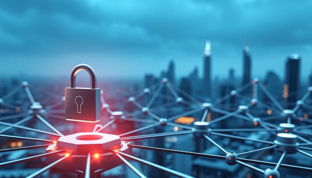 A detailed blockchain network with secure nodes, each representing a compliance measure. The foreground features a central node with a cryptographic lock, symbolizing the core security protocols. In the middle ground, various nodes connect through tamper-resistant blockchain transactions, showcasing the compliance framework. The background depicts a futuristic cityscape, hinting at the integration of blockchain technology into real-world applications. The lighting is sharp and directional, creating a sense of technical precision, while the camera angle is slightly elevated to convey the comprehensive nature of the blockchain security system. A detailed blockchain network with secure nodes, each representing a compliance measure. The foreground features a central node with a cryptographic lock, symbolizing the core security protocols. In the middle ground, various nodes connect through tamper-resistant blockchain transactions, showcasing the compliance framework. The background depicts a futuristic cityscape, hinting at the integration of blockchain technology into real-world applications. The lighting is sharp and directional, creating a sense of technical precision, while the camera angle is slightly elevated to convey the comprehensive nature of the blockchain security system.