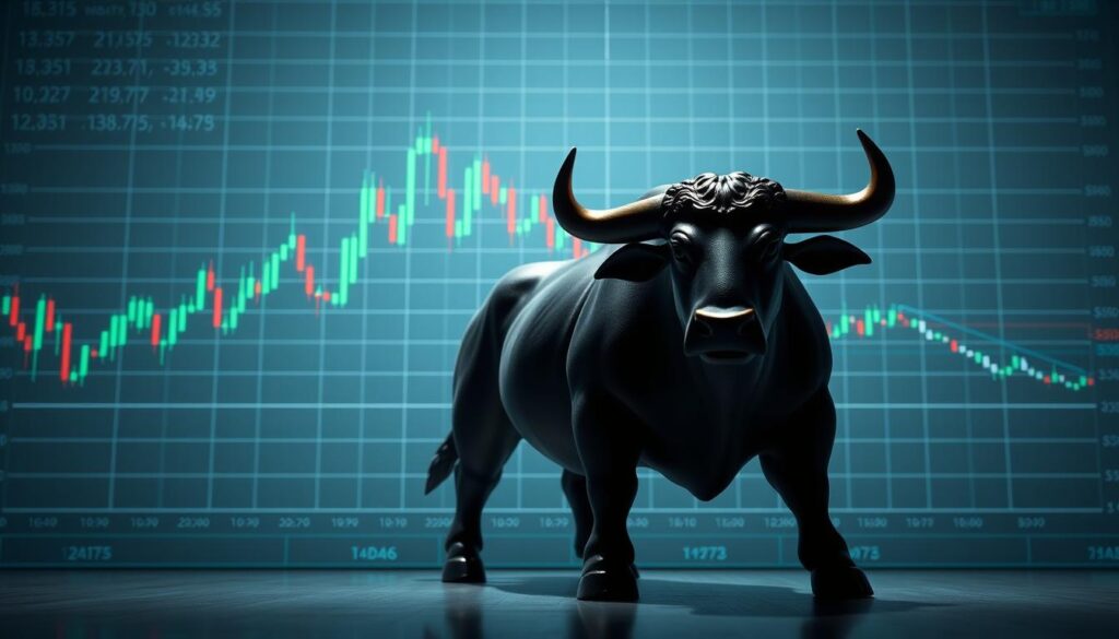 A detailed chart analysis of a classic bull flag pattern, rendered in a clean, professional style. In the foreground, a large bull icon stands resolute, its stance conveying strength and confidence. Behind it, a detailed candlestick chart displays a series of higher highs and higher lows, forming the characteristic flag shape. The chart is rendered in shades of blue and green, with sharp lines and precise gridlines, evoking a sense of technical precision. In the background, a subtle texture of stock tickers and financial data lends an air of authenticity. Dramatic lighting casts dramatic shadows, heightening the sense of depth and drama. The overall composition conveys the power and potential of the bull flag pattern as a bullish signal in crypto markets. A detailed chart analysis of a classic bull flag pattern, rendered in a clean, professional style. In the foreground, a large bull icon stands resolute, its stance conveying strength and confidence. Behind it, a detailed candlestick chart displays a series of higher highs and higher lows, forming the characteristic flag shape. The chart is rendered in shades of blue and green, with sharp lines and precise gridlines, evoking a sense of technical precision. In the background, a subtle texture of stock tickers and financial data lends an air of authenticity. Dramatic lighting casts dramatic shadows, heightening the sense of depth and drama. The overall composition conveys the power and potential of the bull flag pattern as a bullish signal in crypto markets.