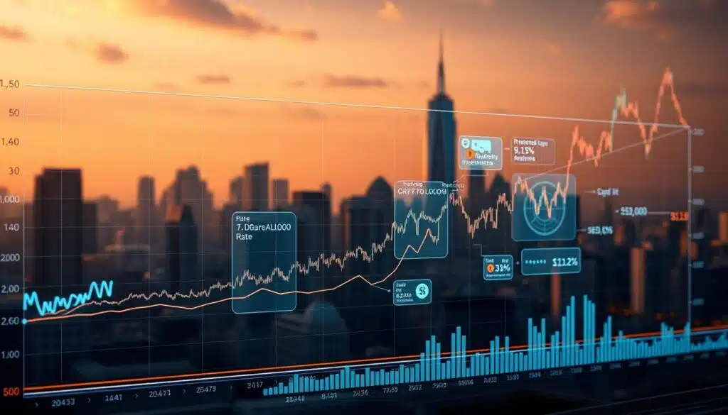 A detailed chart displaying the correlation between fluctuating interest rates and the volatile crypto market. In the foreground, a line graph juxtaposes the movements of benchmark interest rates and major cryptocurrency indices. In the middle ground, holographic data visualizations depict the dynamic relationship between these economic indicators. The background features a cityscape skyline, hinting at the broader macroeconomic context. The lighting is warm and cinematic, creating a sense of gravity and import. The overall composition conveys the complex interplay between monetary policy and the cryptocurrency ecosystem, a key indicator of broader recessionary trends.