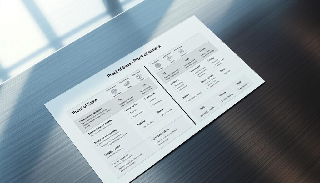 A detailed comparison chart displayed on a sleek metallic surface, illuminated by soft, directional lighting. The chart meticulously contrasts the key aspects of Proof of Work and Proof of Stake blockchain consensus mechanisms, showcasing their differences in energy consumption, transaction speed, security, scalability, and decentralization. The layout is clean and organized, with crisp data visualizations and subtle infographic elements. The overall mood is one of technical proficiency, inviting the viewer to deeply understand the technical nuances between these two fundamental blockchain architectures.