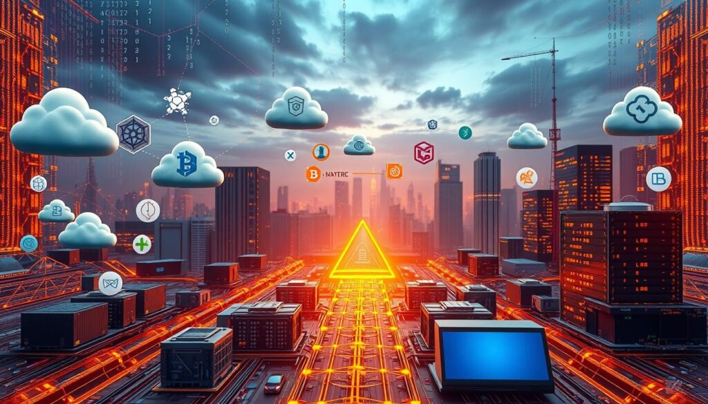 A detailed comparison of blockchain-based decentralized storage platforms, showcasing their unique features and capabilities. In the foreground, various cloud storage icons and logos float against a backdrop of blockchain nodes, cryptographic hashes, and distributed ledgers. The middle ground depicts interlocking data structures, representing the interoperability between these platforms. In the background, a futuristic cityscape of skyscrapers and smart devices, symbolizing the integration of these technologies into the modern digital landscape. Warm lighting casts a vibrant glow, highlighting the dynamism and innovation of this evolving field. Captured through a wide-angle lens, the overall composition conveys the scale, complexity, and potential impact of blockchain-powered storage solutions. A detailed comparison of blockchain-based decentralized storage platforms, showcasing their unique features and capabilities. In the foreground, various cloud storage icons and logos float against a backdrop of blockchain nodes, cryptographic hashes, and distributed ledgers. The middle ground depicts interlocking data structures, representing the interoperability between these platforms. In the background, a futuristic cityscape of skyscrapers and smart devices, symbolizing the integration of these technologies into the modern digital landscape. Warm lighting casts a vibrant glow, highlighting the dynamism and innovation of this evolving field. Captured through a wide-angle lens, the overall composition conveys the scale, complexity, and potential impact of blockchain-powered storage solutions.