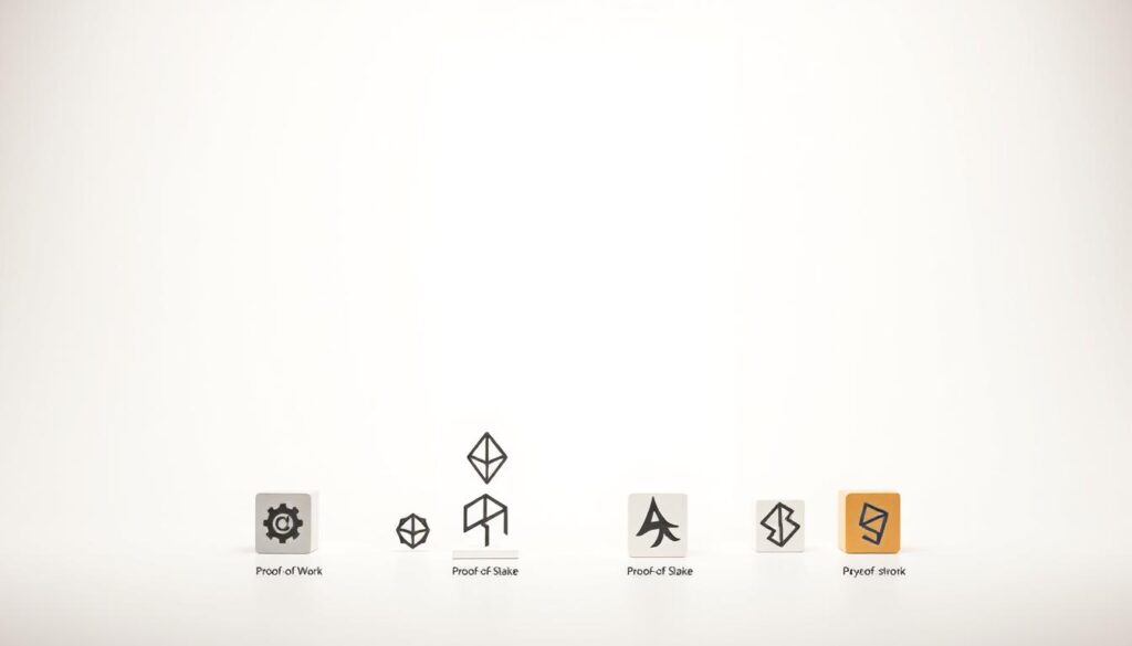 A detailed comparison of blockchain consensus mechanisms in a crisp, minimalist style. A clean, well-lit background with soft, neutral tones sets the stage. In the foreground, distinct symbols representing Proof-of-Work, Proof-of-Stake, and other consensus models are elegantly arranged, their unique attributes and mechanics visually juxtaposed. Subtle lighting and clean lines create a sense of balance and clarity, inviting the viewer to thoughtfully examine the nuances of each approach. The overall composition conveys a measured, analytical mood, suitable for illustrating the technical subject matter.