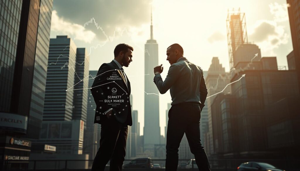 A detailed comparison of crypto market makers and takers, captured in a dynamic cinematic style. In the foreground, two figures stand facing each other, one representing the market maker, the other the market taker. The market maker is depicted as a calm, composed individual, surrounded by a halo of data streams and financial graphs, conveying their role in providing liquidity. The market taker, in contrast, is shown as a more aggressive, reactive figure, with a sense of urgency in their movements, surrounded by price charts and order books. In the background, a cityscape of skyscrapers and a bustling financial district sets the scene, with a dramatic lighting that casts long shadows, evoking the intensity of the financial markets. The overall composition aims to visually capture the key differences between the two roles, their responsibilities, and the dynamics that shape the crypto trading landscape.