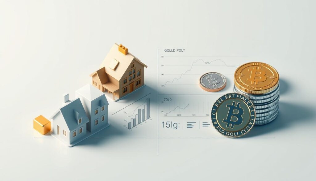 A detailed comparison of different asset classes - gold bullion, real estate properties, stock market indexes, and cryptocurrency tokens. The image shows these assets side-by-side in a clean, minimalist layout. The foreground features the 4 asset types represented by realistic 3D models or isometric illustrations, with a neutral gray or white background. Subtle lighting and shadows create depth and dimension. The middle ground includes simple infographic elements like charts, graphs, or numerical data to illustrate the performance and characteristics of each asset. The background has a subtle grid or blueprint pattern, hinting at the analytical nature of the comparison. The overall mood is informative, data-driven, and visually balanced, inviting the viewer to explore the relative merits of these diverse investment options. A detailed comparison of different asset classes - gold bullion, real estate properties, stock market indexes, and cryptocurrency tokens. The image shows these assets side-by-side in a clean, minimalist layout. The foreground features the 4 asset types represented by realistic 3D models or isometric illustrations, with a neutral gray or white background. Subtle lighting and shadows create depth and dimension. The middle ground includes simple infographic elements like charts, graphs, or numerical data to illustrate the performance and characteristics of each asset. The background has a subtle grid or blueprint pattern, hinting at the analytical nature of the comparison. The overall mood is informative, data-driven, and visually balanced, inviting the viewer to explore the relative merits of these diverse investment options.