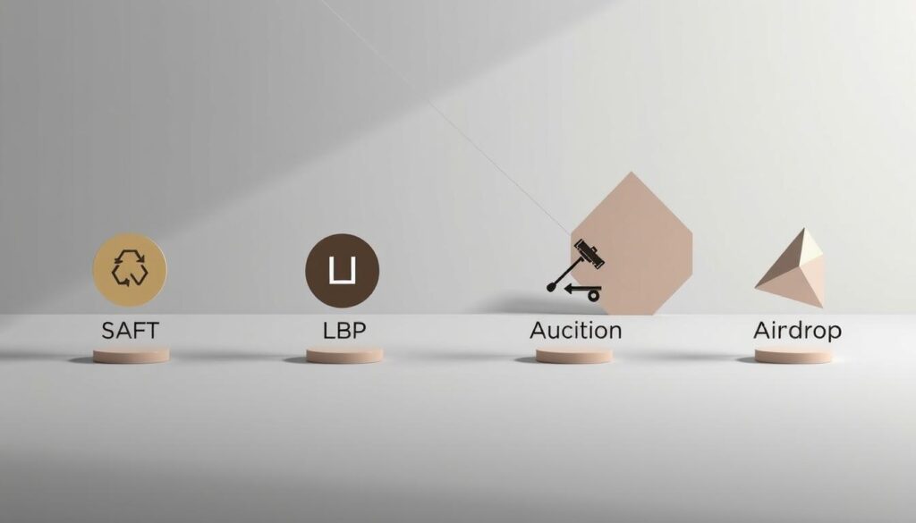 A detailed comparison of token launch methods, presented in a clean, analytical style. In the foreground, four key token launch approaches are showcased - SAFT, LBP, Auction, and Airdrop - each with its own distinct visual representation. The middle ground features abstract geometric shapes and lines, creating a sense of structure and organization. The background is a muted, minimalist palette, allowing the central elements to take prominence. Soft, directional lighting casts subtle shadows, giving depth and dimensionality to the scene. The overall aesthetic is one of thoughtful, data-driven analysis, suitable for an educational article on cryptocurrency tokenomics.