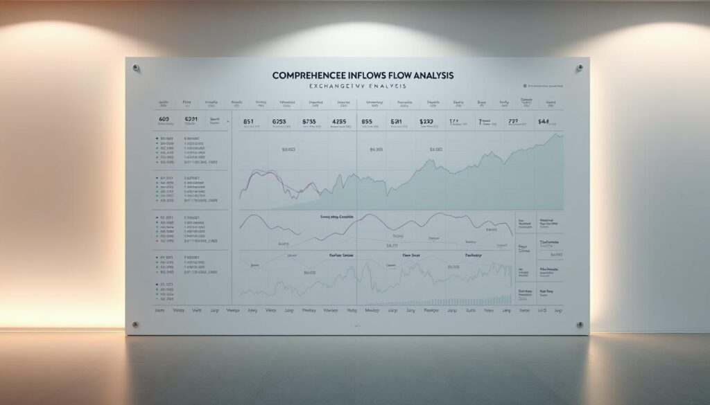 A detailed, comprehensive exchange flow analysis chart depicting the intricate dynamics of cryptocurrency inflows and outflows. Showcased against a sleek, minimalist backdrop, the chart features clean, precisely rendered data visualizations with crisp, legible typography. Elegant, muted color tones evoke a sense of professionalism and analytical depth. The chart is illuminated by soft, diffused lighting, creating depth and dimension. Camera angle is slightly elevated, conveying an authoritative, bird's-eye view perspective. Overall, the image strikes a balance between technical precision and visual sophistication, perfectly suited to illustrate the nuances of exchange inflow outflow analysis.