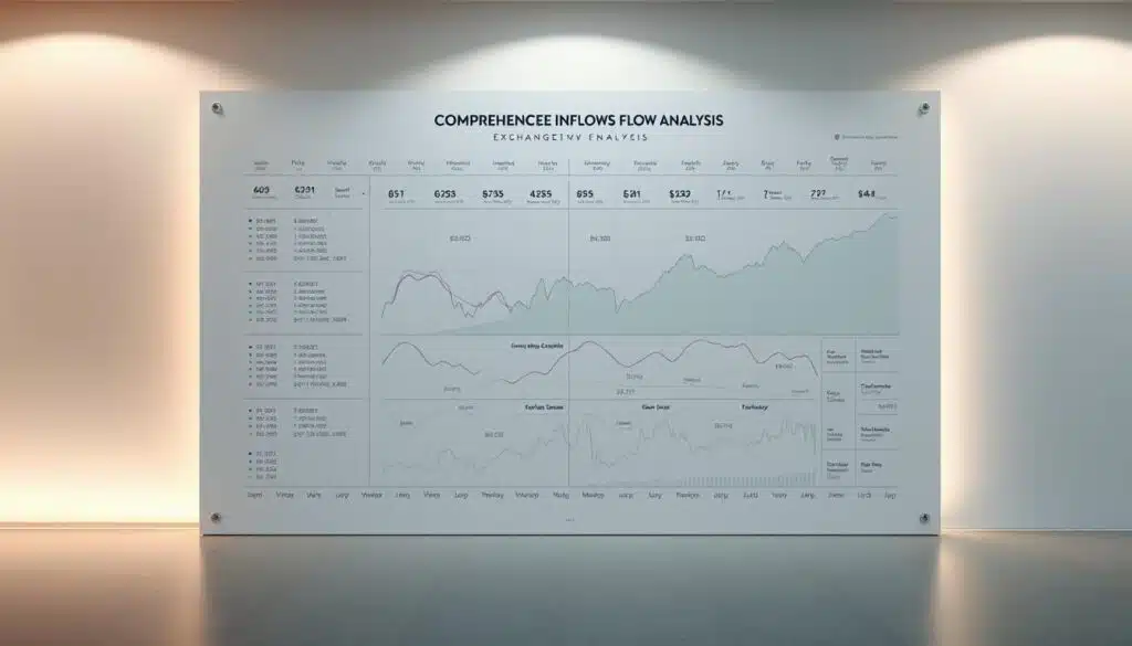 A detailed, comprehensive exchange flow analysis chart depicting the intricate dynamics of cryptocurrency inflows and outflows. Showcased against a sleek, minimalist backdrop, the chart features clean, precisely rendered data visualizations with crisp, legible typography. Elegant, muted color tones evoke a sense of professionalism and analytical depth. The chart is illuminated by soft, diffused lighting, creating depth and dimension. Camera angle is slightly elevated, conveying an authoritative, bird's-eye view perspective. Overall, the image strikes a balance between technical precision and visual sophistication, perfectly suited to illustrate the nuances of exchange inflow outflow analysis.