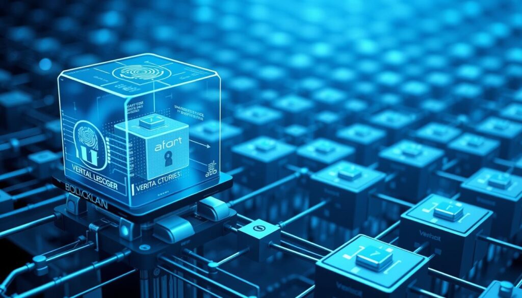 A detailed cross-section view of the core components of a digital identity verification system. The foreground features a central blockchain node, with a 3D holographic user interface and secure biometric scanners for facial and iris recognition. The middle ground shows distributed network nodes, each processing encrypted identity data on the blockchain. In the background, a grid of blockchain blocks emerges, with cryptographic hashes linking the verified identity records. The scene is illuminated by a cool blue-white glow, creating a sense of technological sophistication and security. The overall mood is one of precision, reliability, and the seamless integration of advanced biometrics and blockchain technology. A detailed cross-section view of the core components of a digital identity verification system. The foreground features a central blockchain node, with a 3D holographic user interface and secure biometric scanners for facial and iris recognition. The middle ground shows distributed network nodes, each processing encrypted identity data on the blockchain. In the background, a grid of blockchain blocks emerges, with cryptographic hashes linking the verified identity records. The scene is illuminated by a cool blue-white glow, creating a sense of technological sophistication and security. The overall mood is one of precision, reliability, and the seamless integration of advanced biometrics and blockchain technology.