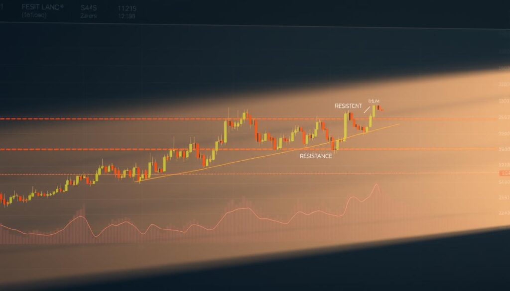 A detailed crypto chart displaying key support and resistance zones, illuminated by soft, diffused lighting that casts gentle shadows across the digital landscape. The foreground features a line graph depicting price action, with crucial support and resistance levels clearly marked and annotated. The middle ground showcases candlestick patterns and technical indicators, providing a comprehensive analysis of market dynamics. In the background, a sleek, minimalist user interface frames the chart, creating a sense of depth and professionalism. The overall atmosphere is one of informed decision-making, with the image conveying the importance of identifying these critical zones in the volatile cryptocurrency markets.