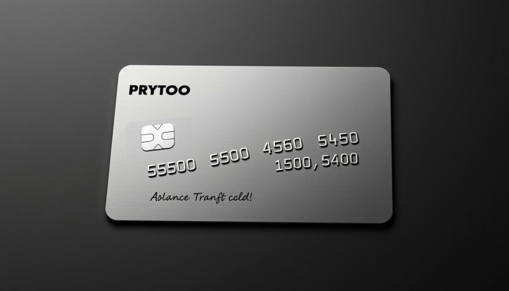 A detailed crypto credit card showing the fees associated with its use, captured in a sleek, minimalist style. The card is rendered in a neutral, metallic tone, highlighting the various charge types like annual fee, transaction fees, and balance transfer costs. The layout is clean and organized, with each fee category displayed prominently against a dark, muted background, conveying a sense of financial transparency. Soft, directional lighting casts subtle shadows, adding depth and emphasizing the card's contours. The overall mood is one of precision, professionalism, and consumer-focused design.