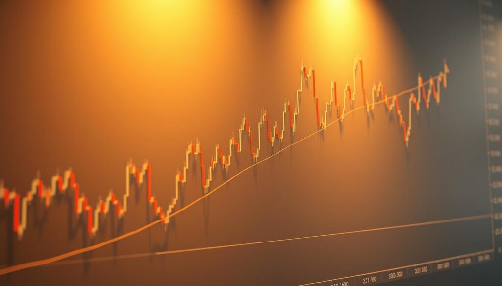 A detailed crypto price chart depicting the swing highs and lows of a digital asset, illuminated by a warm, directional lighting that casts subtle shadows, captured through a wide-angle lens to provide a comprehensive view. The chart's lines undulate rhythmically, tracing the asset's price movements, with the Fibonacci retracement levels clearly visible, guiding the analysis of this volatile market. The background is a muted, neutral tone, allowing the chart to be the primary focus, conveying a sense of technical precision and analytical depth.