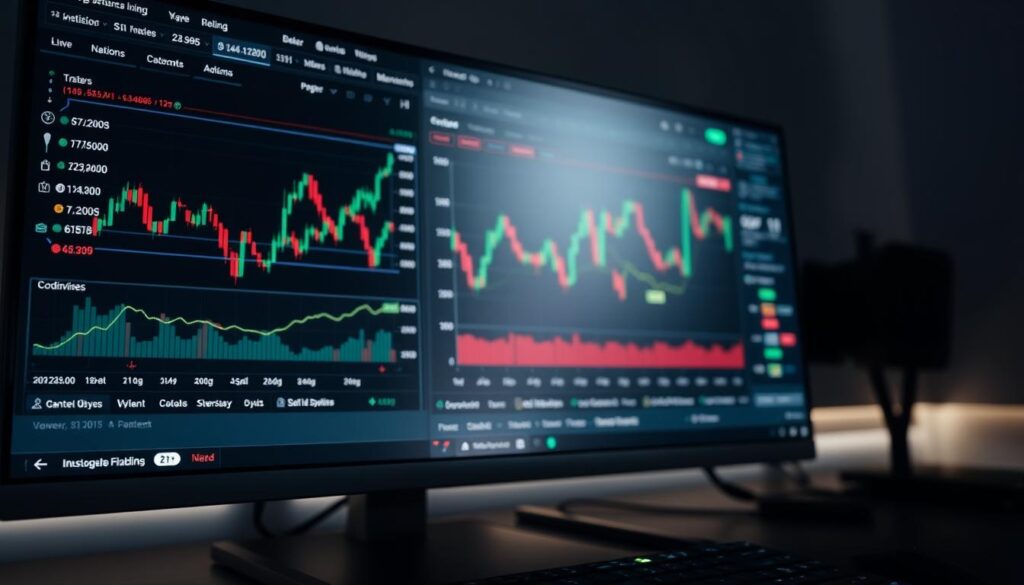 A detailed crypto trading dashboard displayed on a high-resolution computer screen, showcasing various technical analysis tools and insights. In the foreground, line charts, candlestick patterns, and indicators like moving averages, RSI, and MACD are prominently featured, reflecting the current state of the cryptocurrency market. In the middle ground, a heatmap visualization illustrates the relative performance of different digital assets. The background presents a clean, minimalist UI design with a dark color scheme, emphasizing the analytical nature of the tools. Soft, ambient lighting creates a focused, professional atmosphere, inviting the viewer to explore the intricacies of cryptocurrency market analysis.
