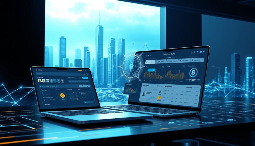 A detailed crypto wallet NFT platform setup with a sleek, modern design. In the foreground, a responsive and intuitive user interface showcasing a digital wallet, NFT marketplace, and rewards management dashboard. The mid-ground features a 3D rendering of a secure blockchain network, with nodes and distributed ledgers. In the background, a futuristic cityscape with skyscrapers and holographic displays, conveying a sense of technological advancement. The scene is illuminated by cool-toned, directional lighting, creating depth and accentuating the key elements. The overall mood is one of sophistication, innovation, and the seamless integration of crypto and NFT technologies.