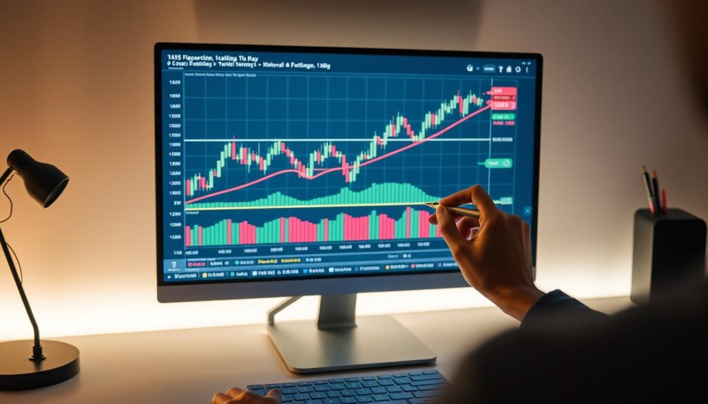 A detailed cryptocurrency chart displayed on a modern computer screen, with a pair of hands skillfully drawing Fibonacci retracement lines over the price movements. The chart is illuminated by a soft, ambient light that creates a contemplative atmosphere. The lines are precisely placed, revealing potential support and resistance levels. The screen is positioned on a clean, minimalist desk, allowing the viewer to focus on the analytical process. The overall scene conveys a sense of financial analysis, technical trading, and the exploration of market patterns in the dynamic world of cryptocurrency.
