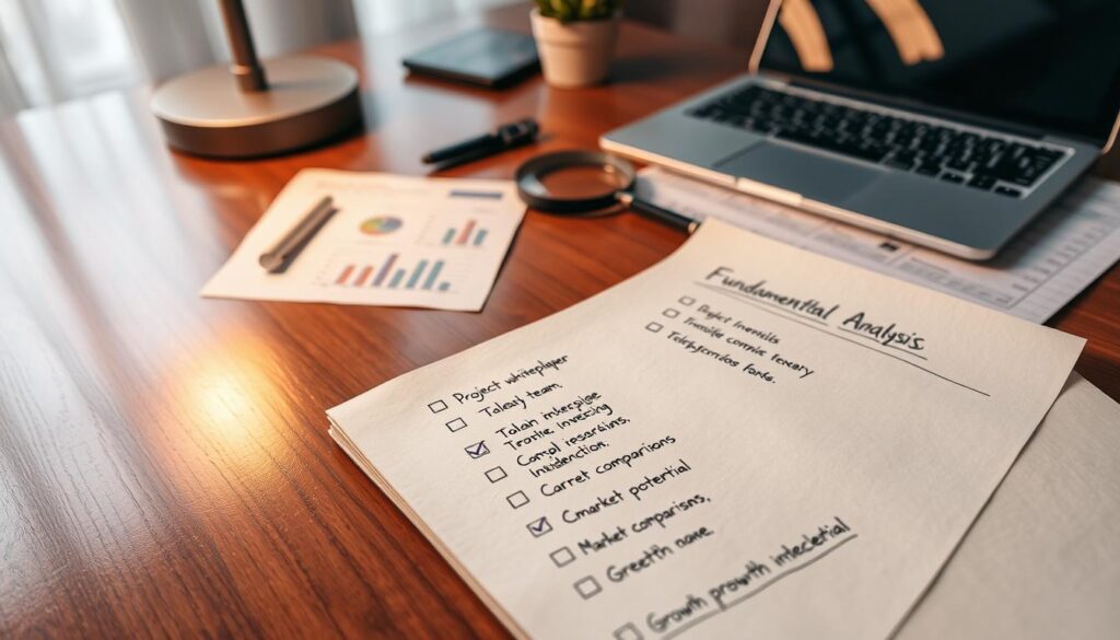 A detailed cryptocurrency fundamental analysis checklist laid out on a polished wooden desk, with a laptop, financial documents, and a magnifying glass. Soft, warm lighting from a desk lamp casts a focused glow on the materials, creating an atmosphere of thoughtful analysis. The checklist is handwritten on a crisp, cream-colored notepad, with neatly organized sections covering key aspects such as project whitepaper, team, tokenomics, market comparisons, and growth potential. The overall composition conveys a sense of diligent, methodical evaluation of a cryptocurrency investment opportunity.