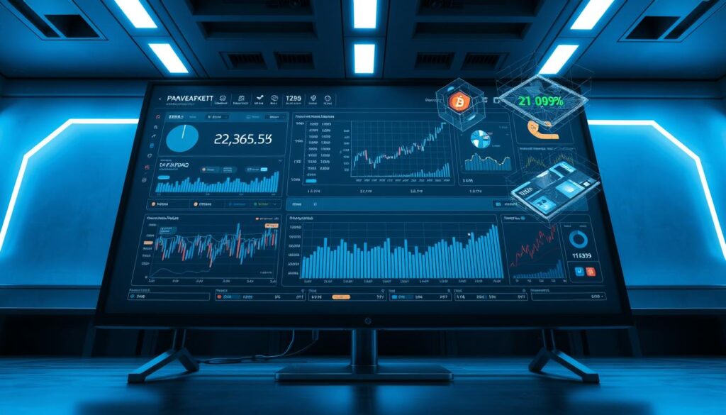 A detailed cryptocurrency market data analysis dashboard displayed on a large, futuristic computer monitor. The screen shows real-time charts, graphs, and market indicators against a sleek, high-tech backdrop. Soft blue lighting illuminates the scene, creating a soothing, technological atmosphere. Subtle holographic overlays and 3D data visualizations float above the display, highlighting key insights and forecasting models. The entire setup is captured from a low, dynamic angle, creating a sense of immersion and emphasizing the scale and complexity of the financial analytics.