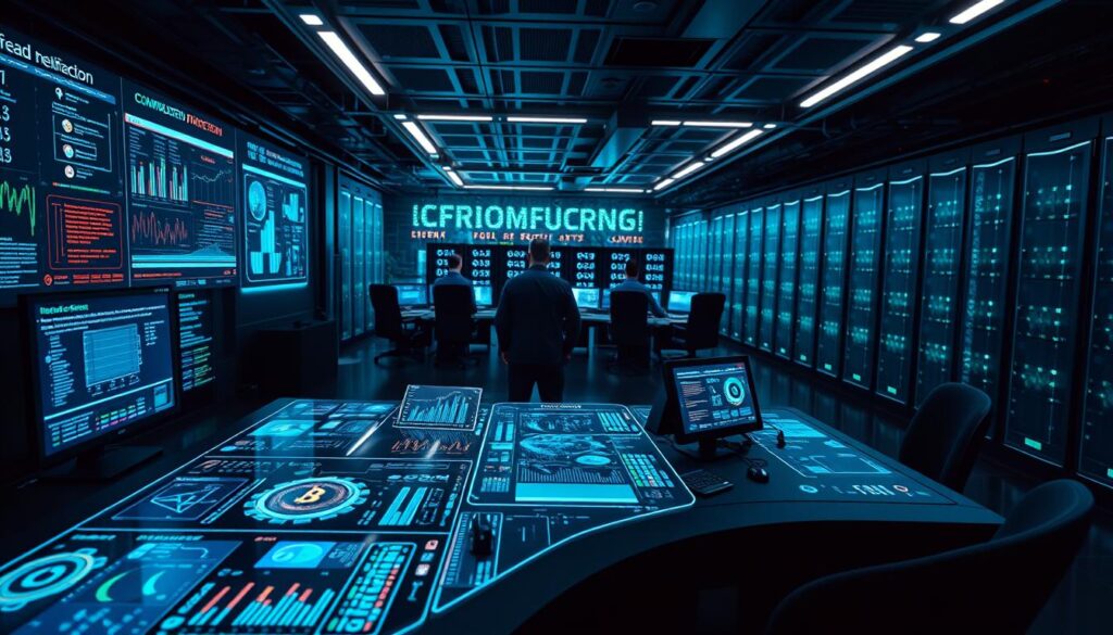 A detailed cybersecurity command center with advanced fraud detection systems. In the foreground, a futuristic console displays real-time threat analytics and anomaly detection algorithms. Holographic interfaces showcase blockchain transactions, cryptocurrency wallets, and fraud patterns. In the middle ground, a team of cybersecurity experts monitor the systems, their faces illuminated by the glow of multiple high-resolution displays. In the background, a vast expanse of servers and data storage units, bathed in an eerie blue-green lighting, representing the scale and complexity of modern financial cybercrime. An atmosphere of vigilance, innovation, and the relentless battle against sophisticated fraud tactics.