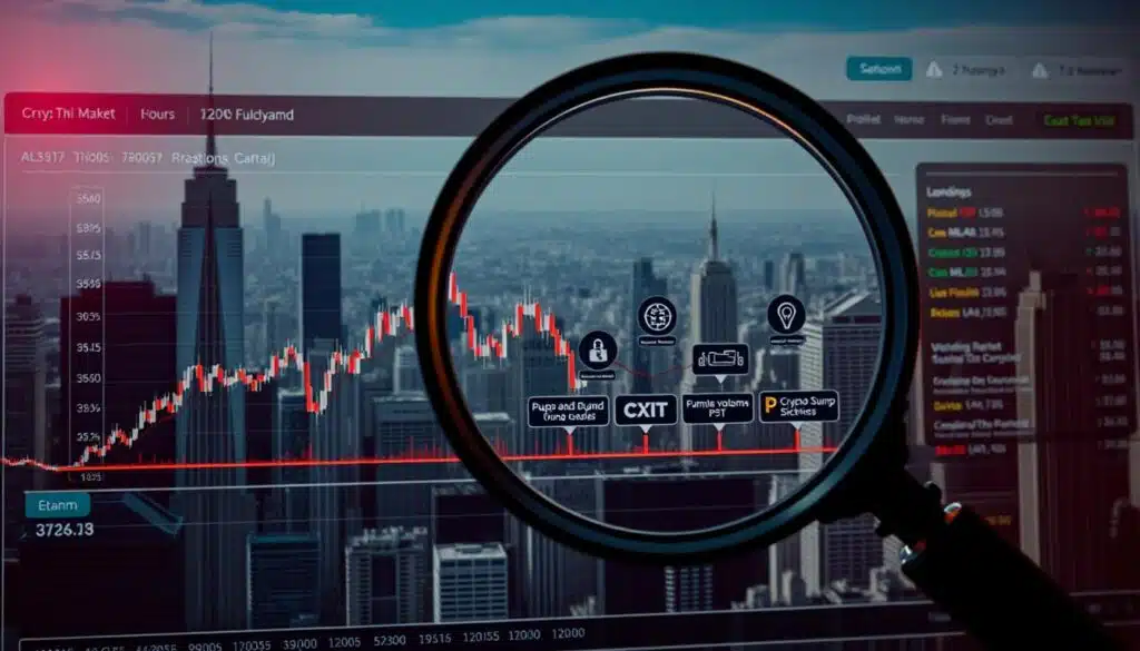 A detailed data analytics dashboard showcasing various crypto market manipulation tactics. In the foreground, a magnifying glass hovers over a cryptocurrency chart, highlighting suspicious price spikes and volume fluctuations. The middle ground features a timeline of market events, with icons representing pump-and-dump schemes, wash trading, and other illicit activities. The background depicts a cityscape of skyscrapers, symbolizing the high-stakes world of digital finance. The lighting is sharp and dramatic, casting long shadows to convey a sense of investigation and scrutiny. The overall mood is one of vigilance and strategic analysis, guiding the viewer to identify the telltale signs of crypto market manipulation.