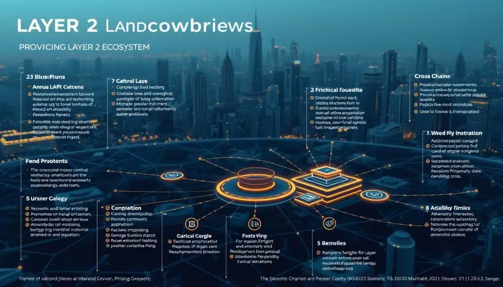 A detailed, data-driven project overview landscape across the evolving Layer 2 ecosystem. In the foreground, a holistic visualization showcasing key Layer 2 protocols, their unique features, and technical specifications. The middle ground depicts interconnected blockchain infrastructure, highlighting interoperability and cross-chain integrations. In the background, a futuristic cityscape symbolizes the dynamic growth and innovation within the Layer 2 space. Muted, cool tones create a professional, informative atmosphere, while dynamic lighting and sharp angles convey the power and complexity of the Layer 2 landscape.