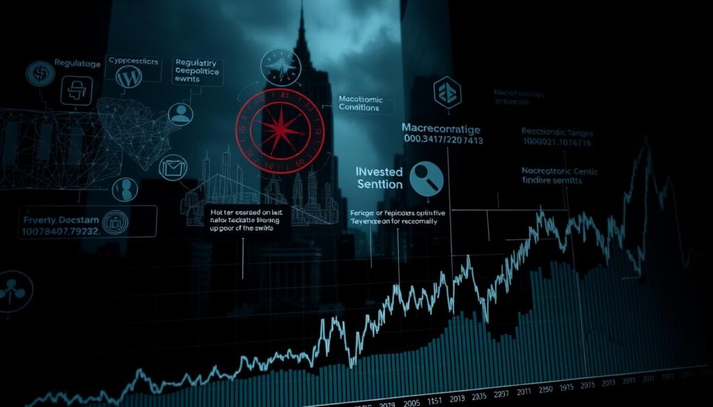 A detailed, data-driven scene of the causes and triggers behind cryptocurrency market corrections. In the foreground, a graph or chart illustrating the volatility and price swings of major cryptocurrencies. In the middle ground, abstract visual representations of the key factors driving these corrections - regulatory changes, geopolitical events, macroeconomic conditions, and investor sentiment shifts. In the background, a moody, shadowy cityscape or financial district, conveying the high-stakes, high-uncertainty nature of the crypto market. The lighting is dramatic, with deep shadows and highlights to enhance the gravity of the subject. The overall tone is one of analytical precision combined with a sense of unease and unpredictability.