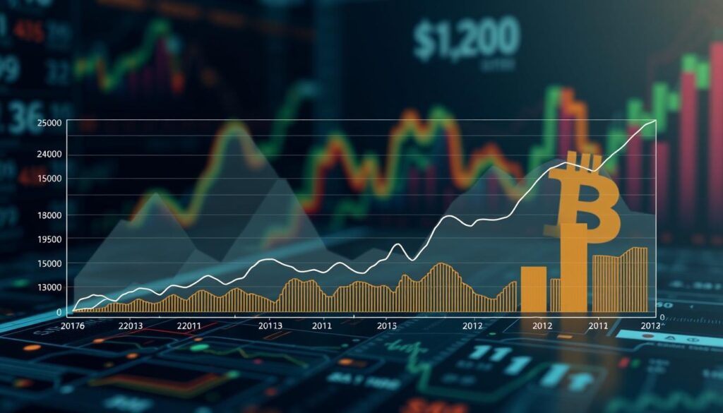 A detailed, data-driven visualization of Bitcoin's economic cycles and their relationship with broader macroeconomic expansions and recessions. A clear, stylized chart occupies the foreground, depicting Bitcoin's price history against a backdrop of economic growth and contraction phases. The chart is rendered with clean lines, vivid colors, and minimal clutter, allowing the key trends and correlations to shine through. The middle ground features abstract geometric shapes and patterns, hinting at the complex interplay of financial and economic forces. The background evokes a sense of depth and scale, with softly blurred graphs, charts, and financial data subtly visible, creating an immersive, analytical atmosphere.