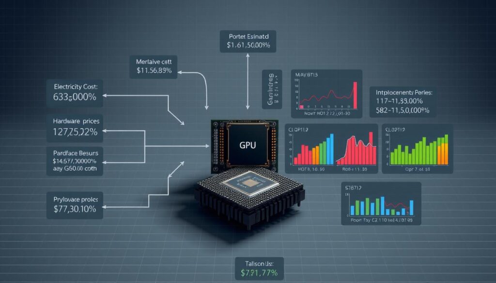 A detailed data flow diagram showcasing the inner workings of a cryptocurrency mining profitability calculator. The foreground depicts a central GPU chip flanked by various input metrics such as electricity costs, hardware efficiency, and cryptocurrency prices. These feed into a complex algorithm visualized as a three-dimensional grid, casting dynamic shadows. In the middle ground, colorful charts and graphs convey the output of this calculation, presenting profitability estimates for different GPU models in a sleek, minimalist style. The background features a subtle grid pattern, suggesting the technical nature of the subject, with muted tones and gentle lighting to establish a serious, analytical atmosphere.